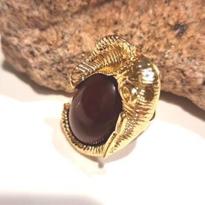 New! Elephant Statement Ring Textured Gold Brown Cabochon Adjustable • NWOT